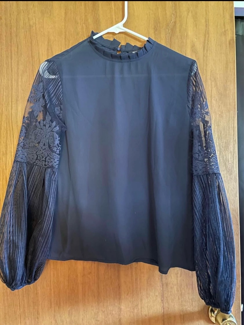 SHEIN Navy Lace & Pleated Sleeve Blouse